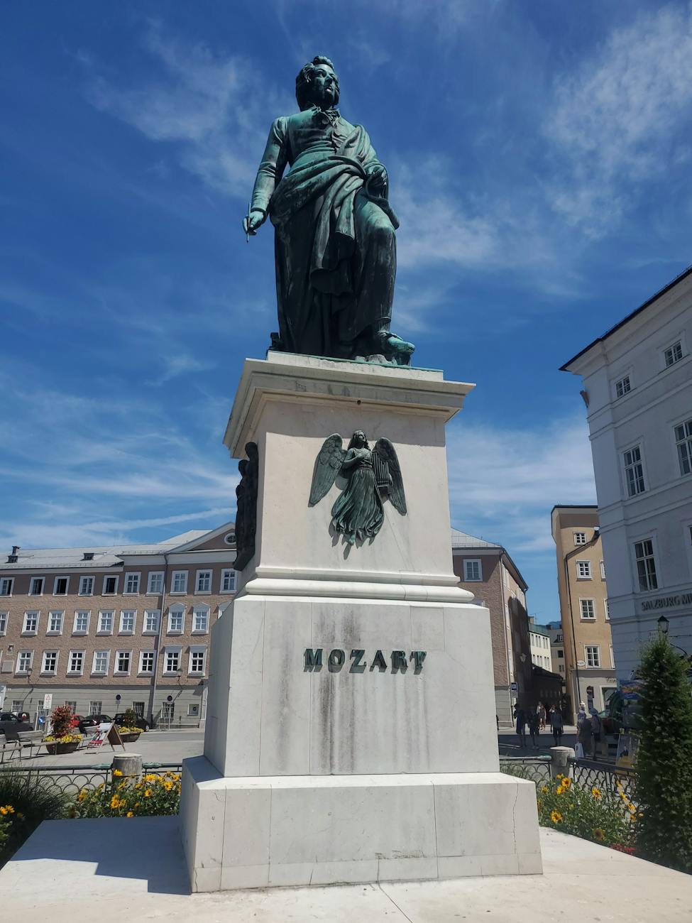 mozart statue in salzburg square austria